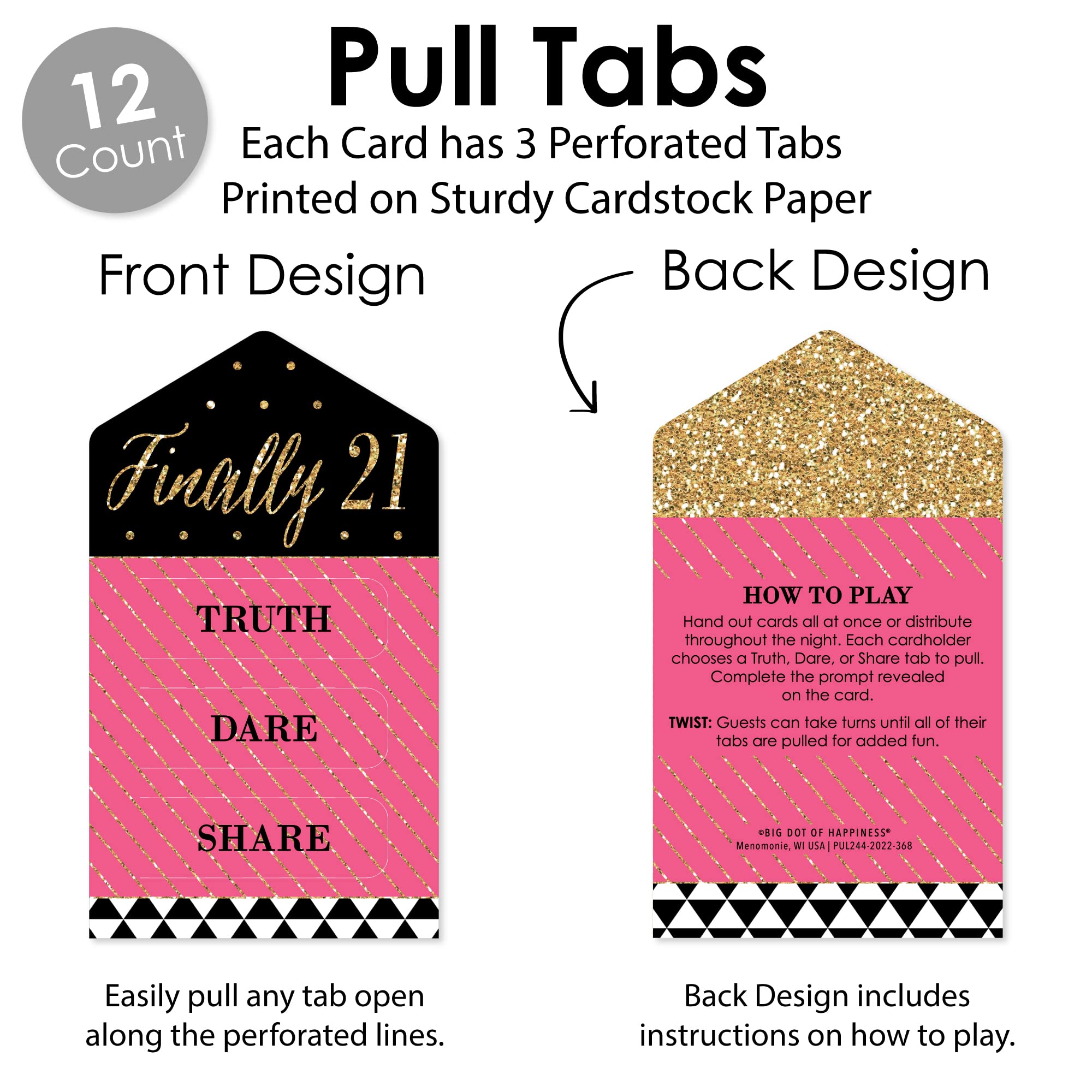 Big Dot Of Happiness Finally 21 Girl - 21St Birthday Party Game Pickle Cards - Truth, Dare, Share Pull Tabs - Set Of 12